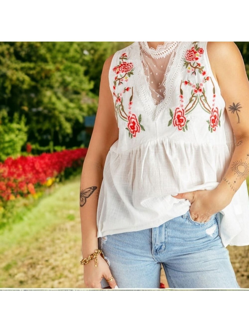 #03XX NWT White Embroidered Sleeveless Peplum Blouse Boho Floral Lace Top Medium - Picture 4 of 8